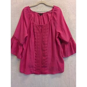 Unique‎ Spectrum Pink Embroidered Lace Bell Sleeve Boho Blouse Top Womens L
